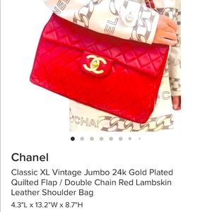 Chanel jumbo XL red classic timeless leather should bag gold chain. CC 24k
